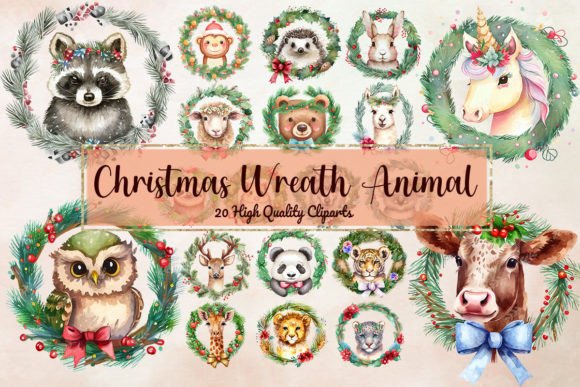 20 Cliparts Christmas Wreath Animal: A Crafty Visual Boost for Holiday Content